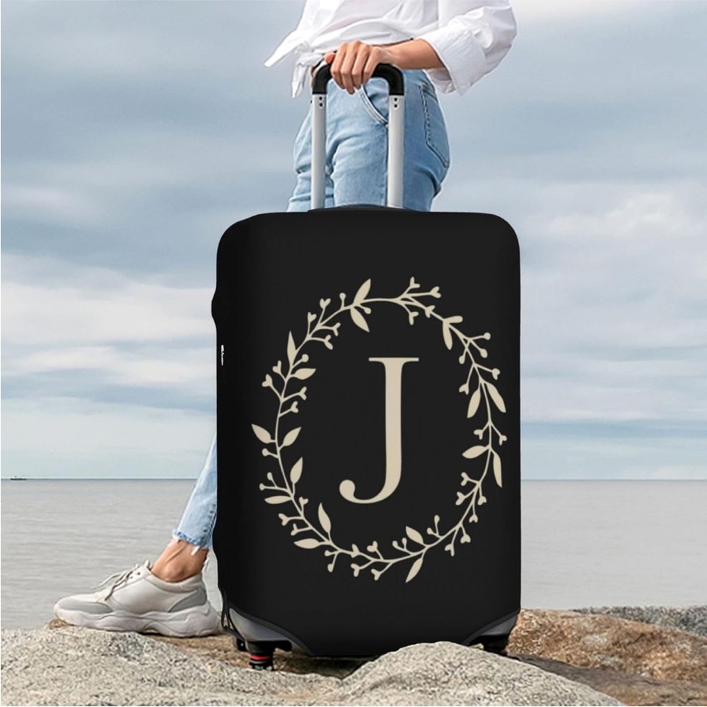 Monogram Luggage Cover Flower Golden Letter J Black Wheeled Suitcase Protector L